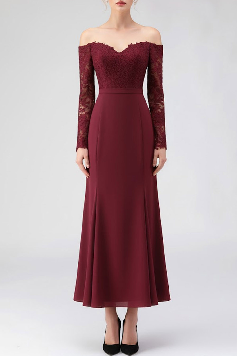 Burgundy Mother of the Bride Dress Off the Shoulder Long Sleeve Chiffon Maxi Dress