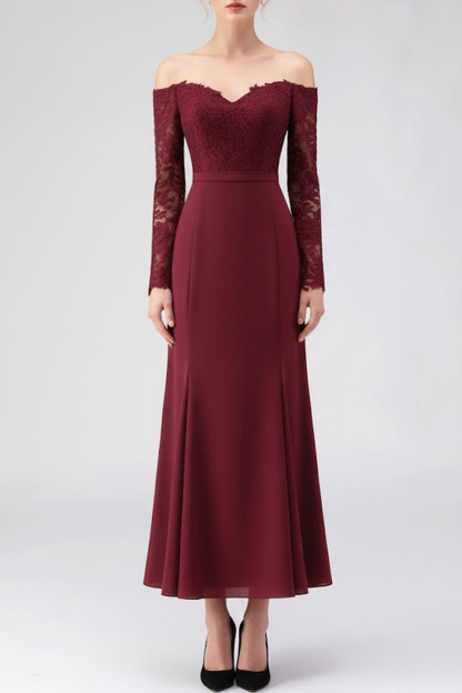 Burgundy Mother of the Bride Dress Off the Shoulder Long Sleeve Chiffon Maxi Dress