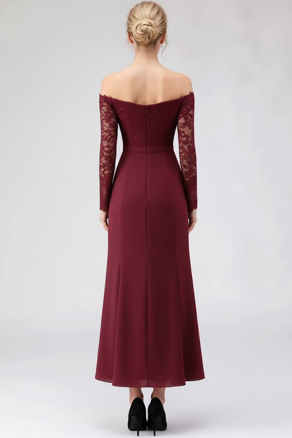 Burgundy Mother of the Bride Dress Off the Shoulder Long Sleeve Chiffon Maxi Dress