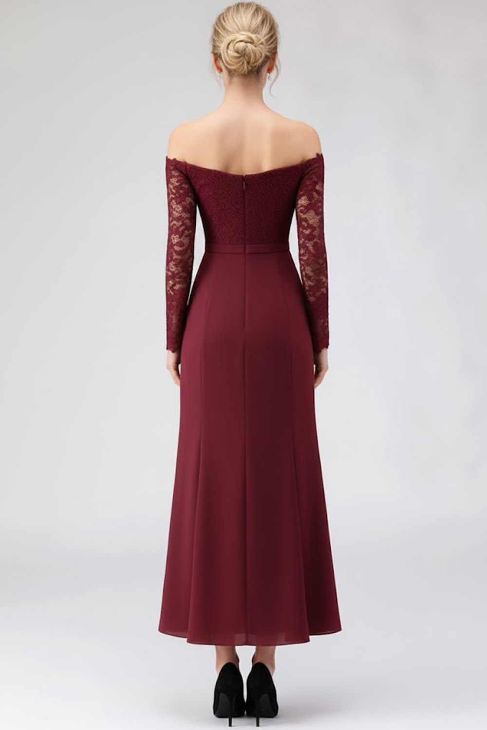 Burgundy Mother of the Bride Dress Off the Shoulder Long Sleeve Chiffon Maxi Dress