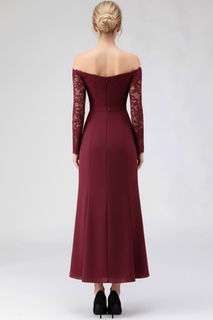 Burgundy Mother of the Bride Dress Off the Shoulder Long Sleeve Chiffon Maxi Dress