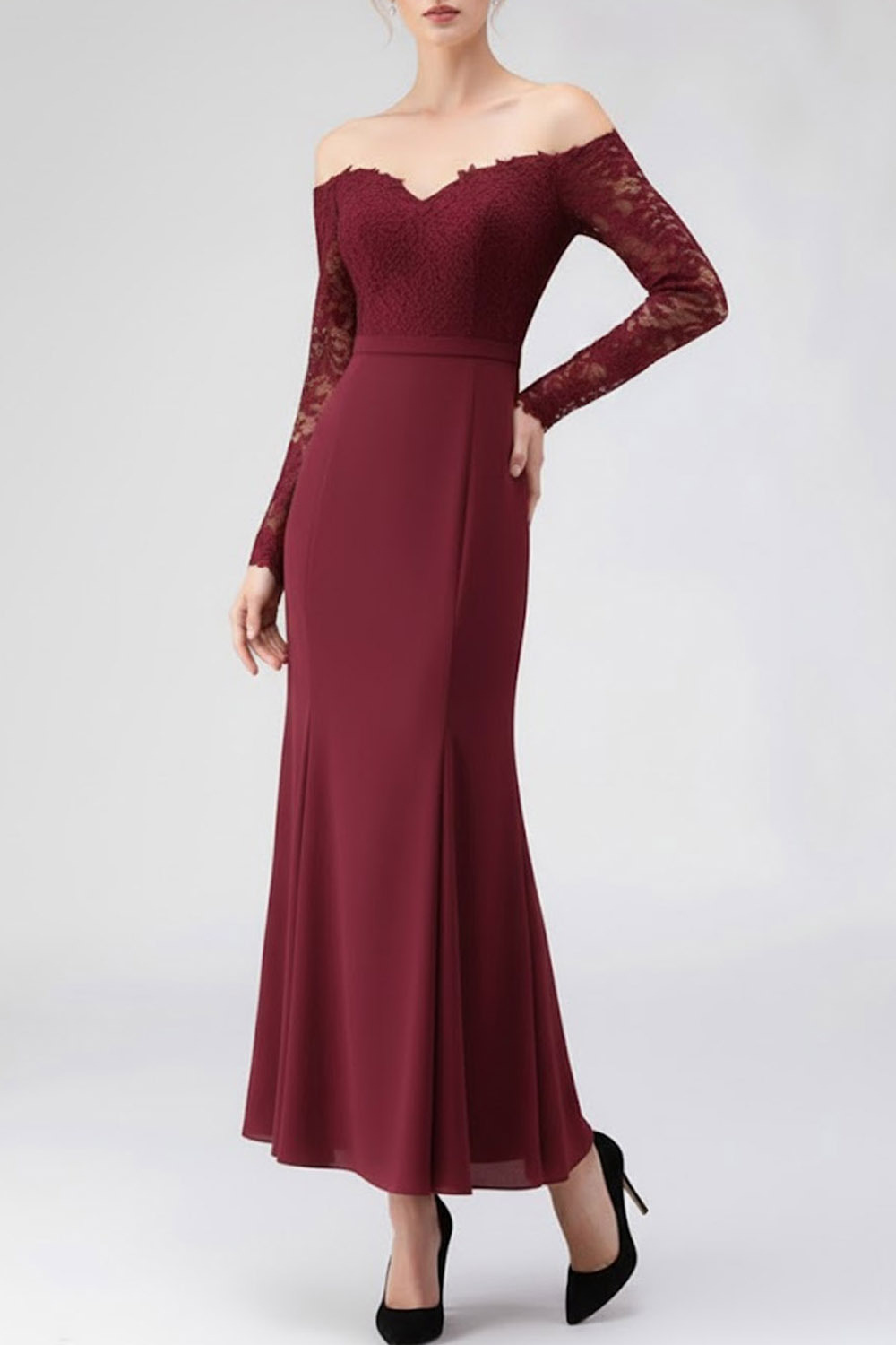 Burgundy Mother of the Bride Dress Off the Shoulder Long Sleeve Chiffon Maxi Dress