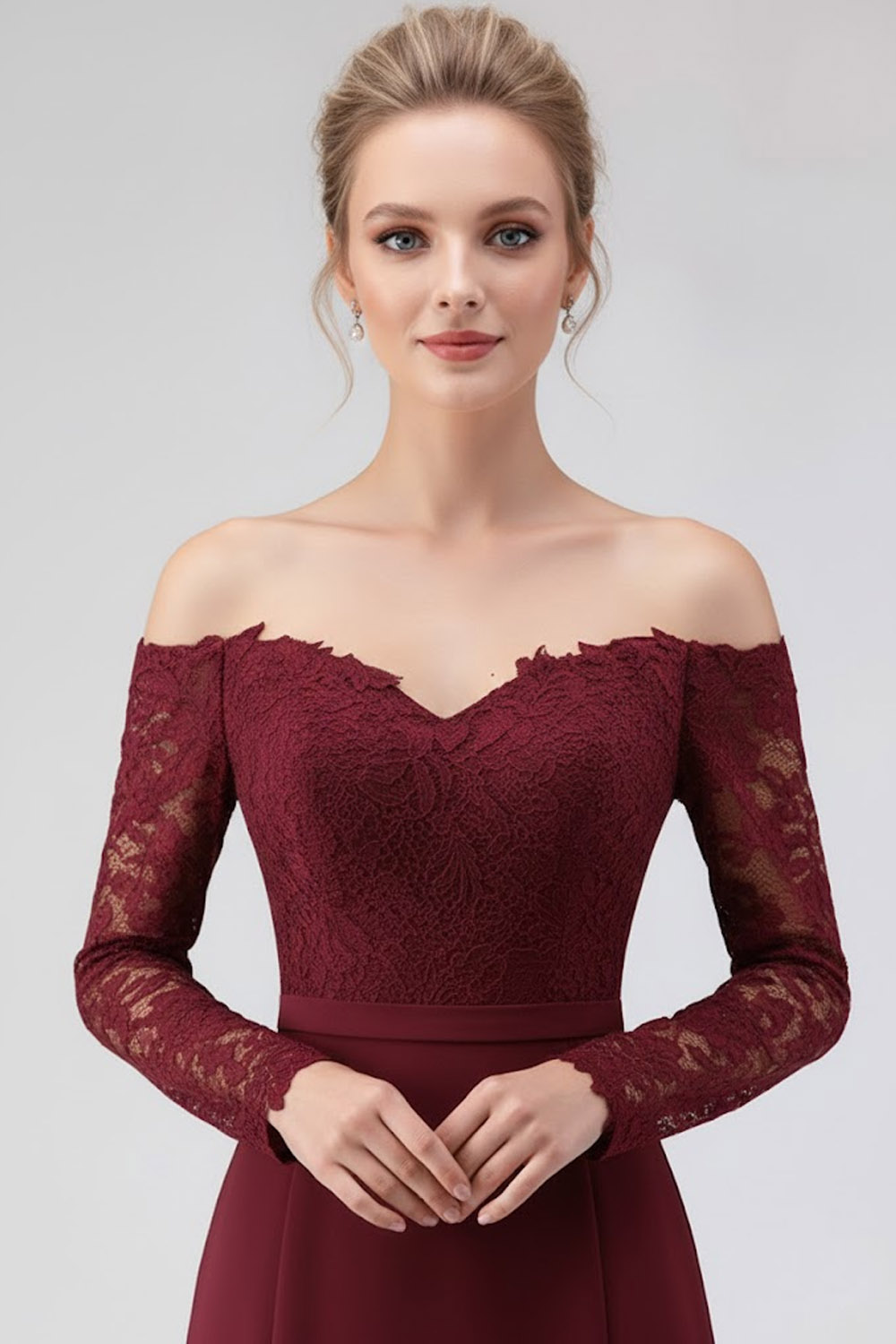 Burgundy Mother of the Bride Dress Off the Shoulder Long Sleeve Chiffon Maxi Dress