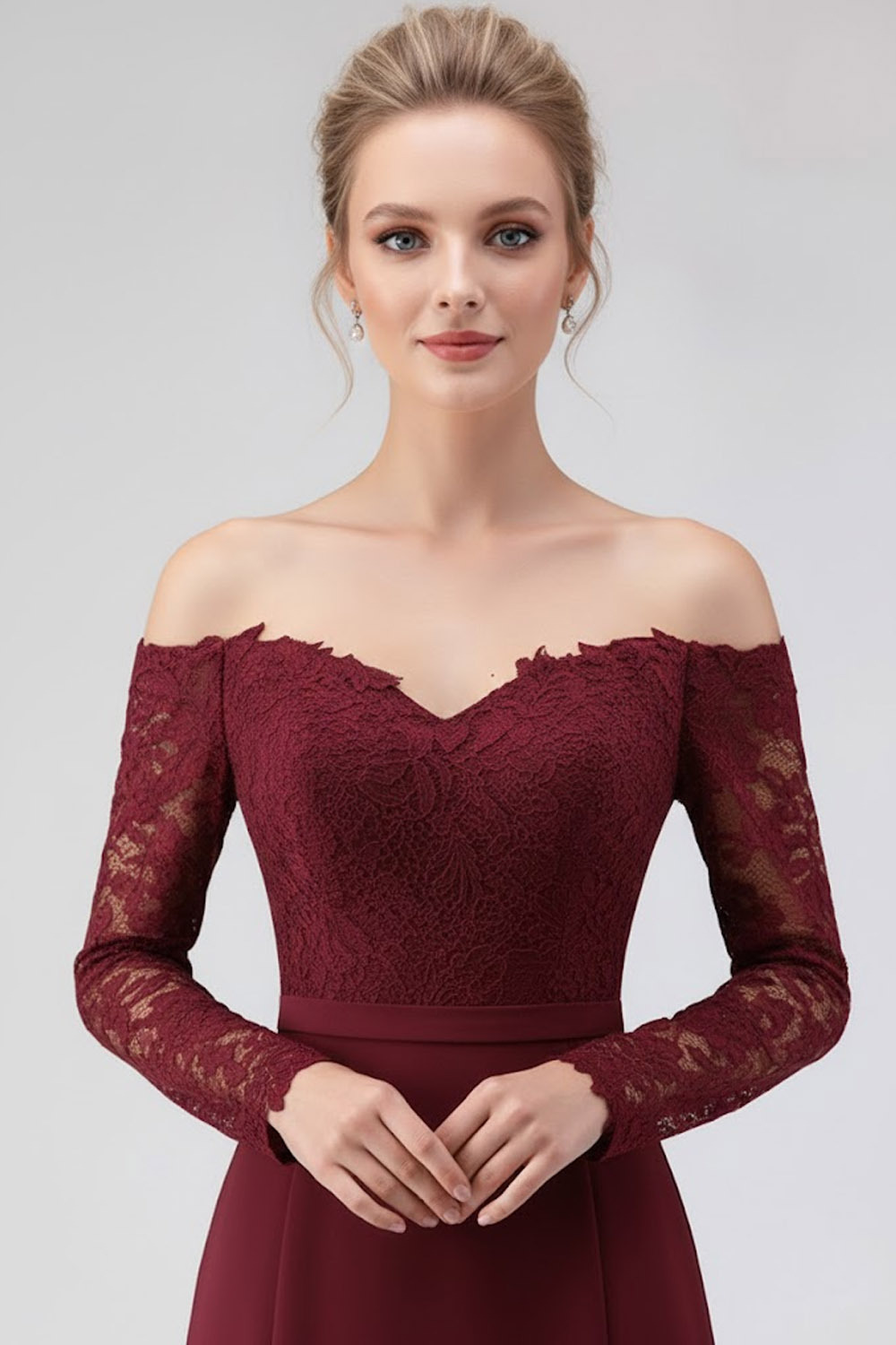Burgundy Mother of the Bride Dress Off the Shoulder Long Sleeve Chiffon Maxi Dress