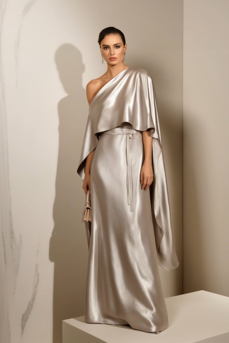 Formal Evening Dress Silver Satin One Shoulder Cape Floor-Length Gown