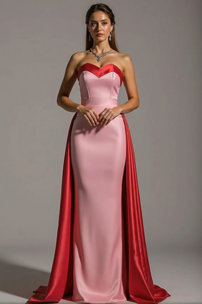Formal Evening Strapless Dress Red Pink Satin Bodycon Train Gown