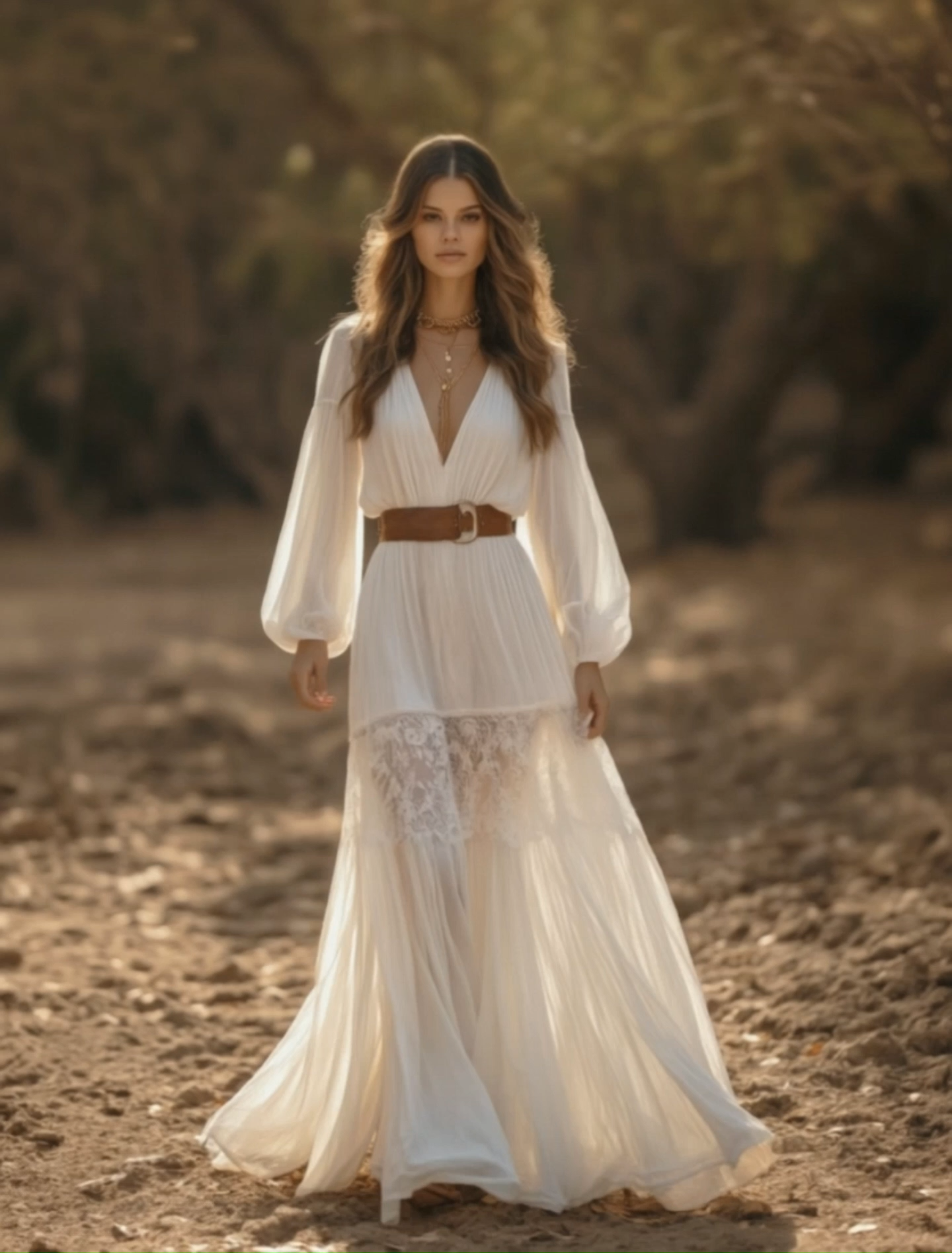 Bohemian Swing Lace Dress White V Neck Belted Floor-Length Dress