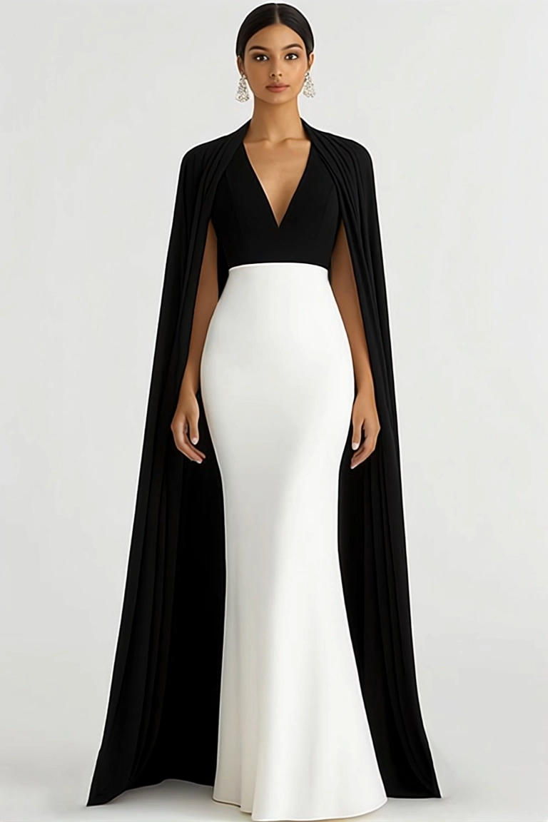 Evening Formal Dress Black White V-Neck Cape Floor-Length Gown