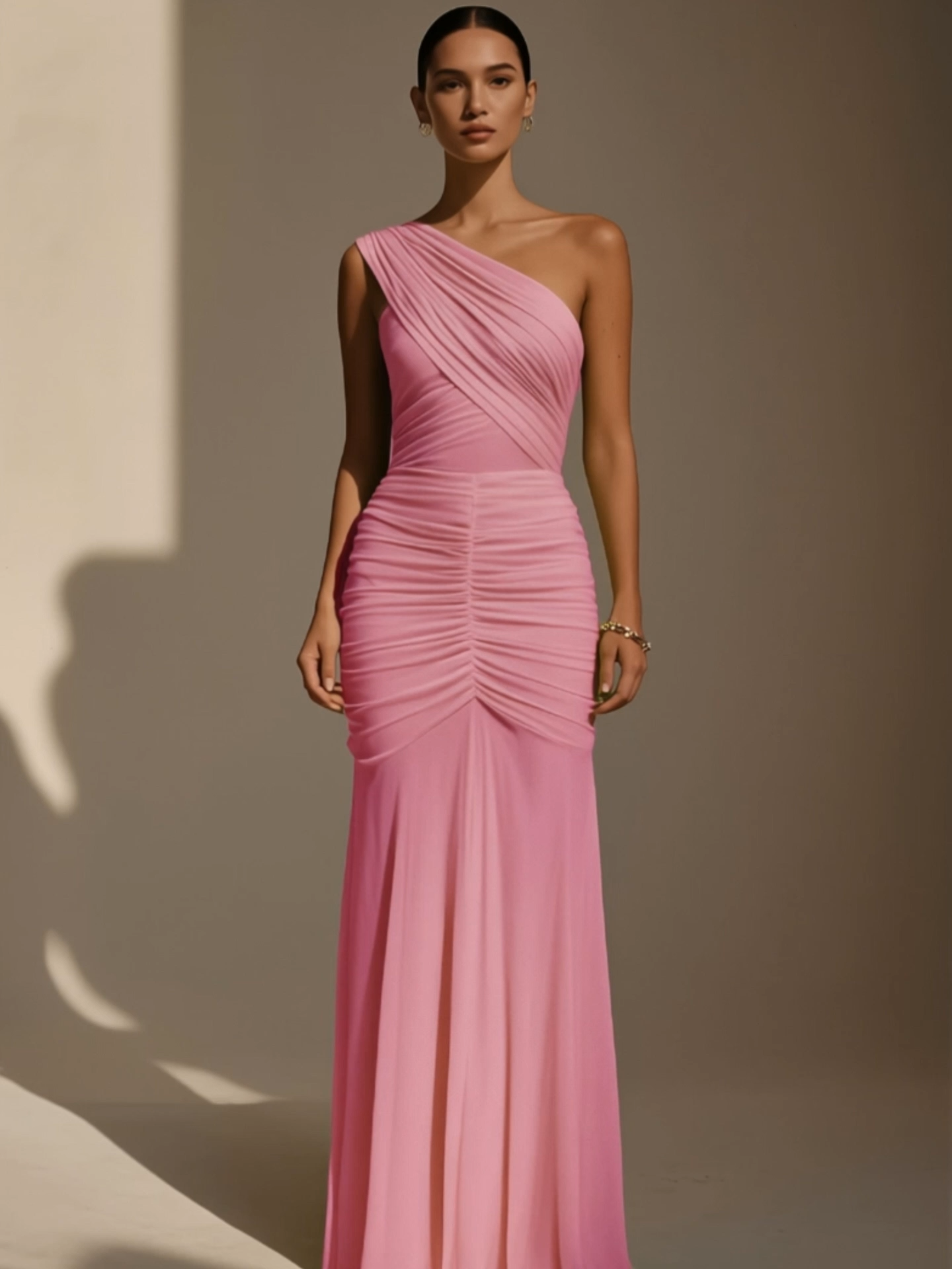 Evening Formal Dress Pink One Shoulder Ruched Maxi Dress