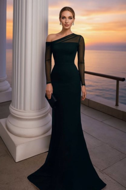 Formal ​Evening Dress Black Cold Shoulder Long Sleeve Maxi Mermaid Dress