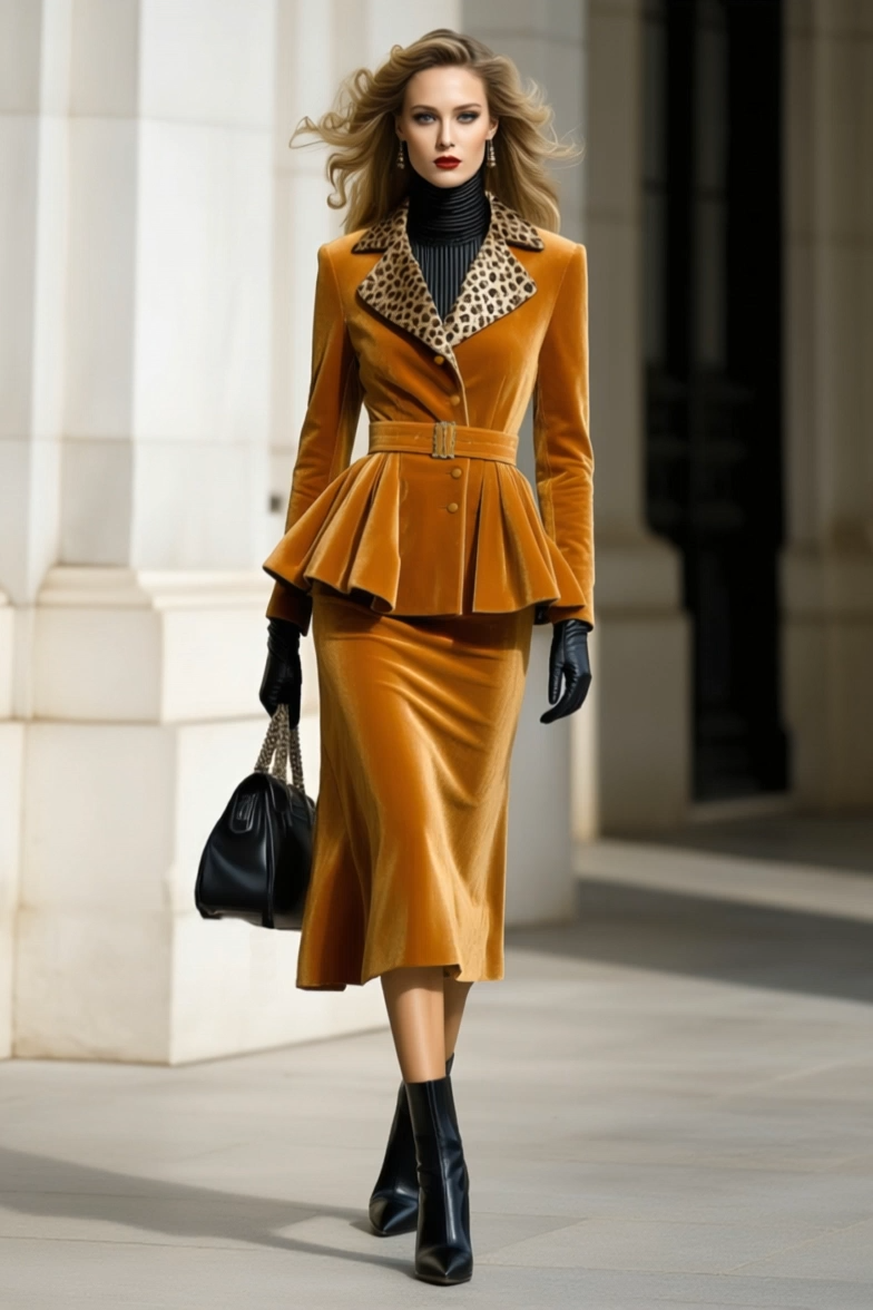 Formal Velvet Outfit Set Caramel Leopard Collar Coat Midi Skirt Set