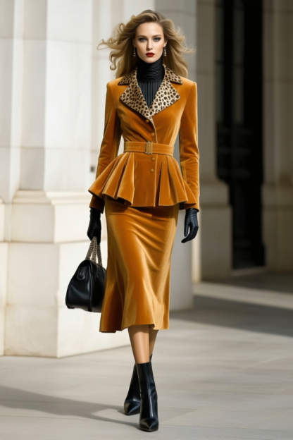 Formal Velvet Outfit Set Caramel Leopard Collar Coat Midi Skirt Set