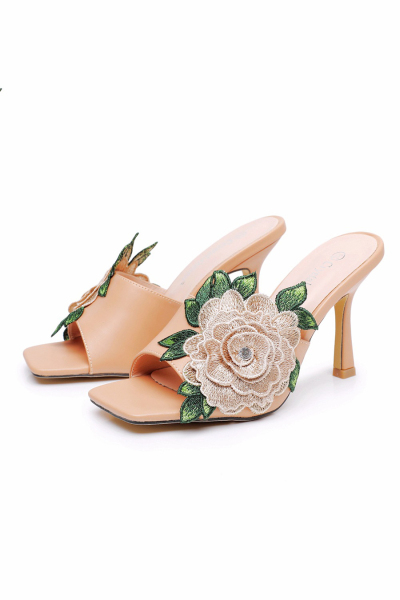 White Square-Toe Mule Heels Rose Flower Leaf Embroidery