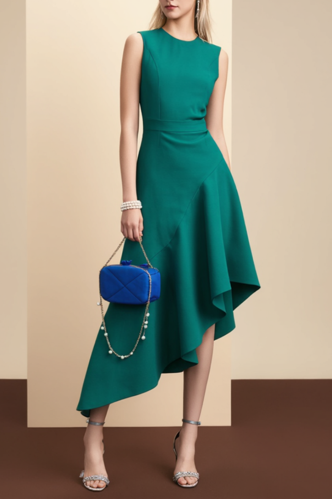 Semi-Formal Party Dress Green Sleeveless Ruffle Crew Neck Midi