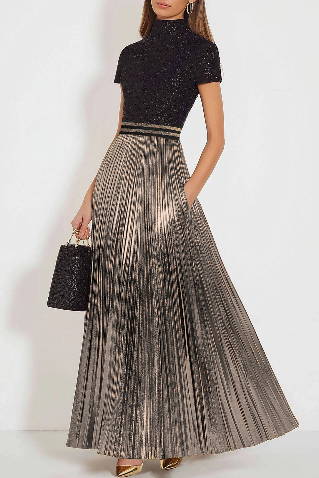 Party Shiny Dress Pleated Pearl Black and Gold Color-Block Maxi Dress