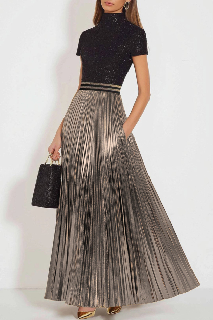 Party Shiny Dress Pleated Pearl Black and Gold Color-Block Maxi Dress