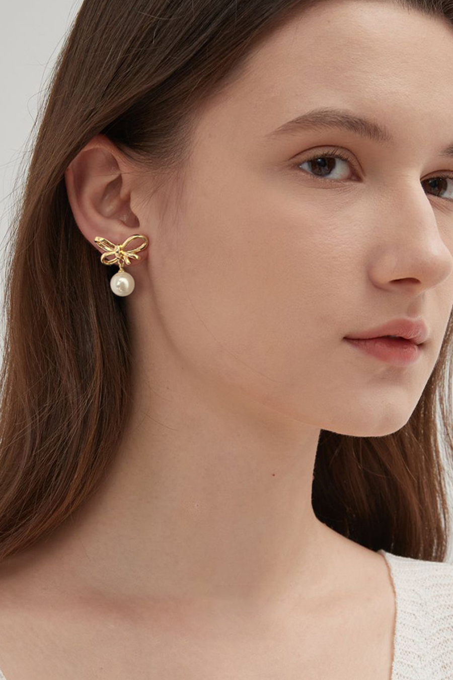 Gold Bow Pearl Earrings