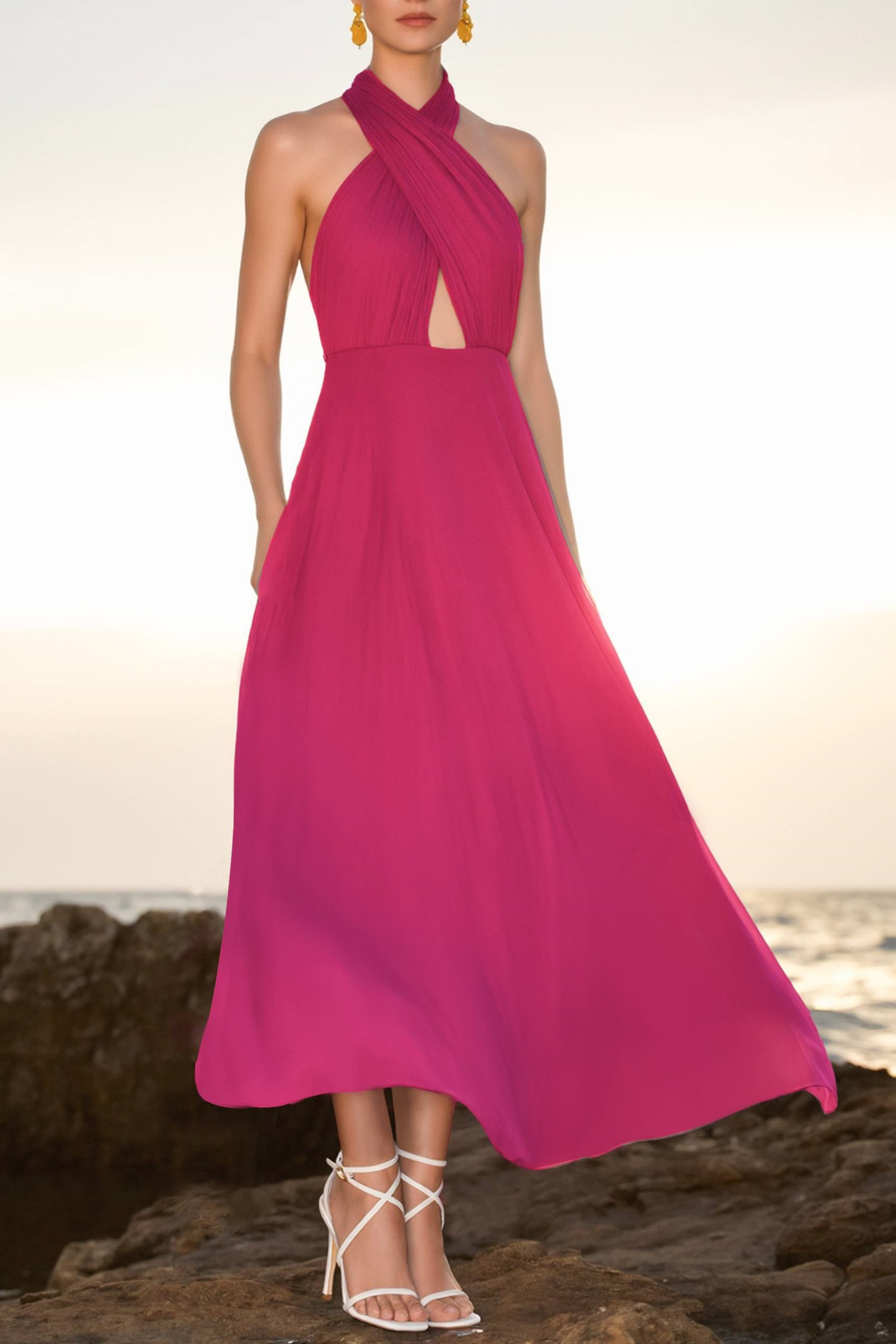 Cocktail ​Party Swing Dress Fuchsia Halter Neck Maxi Dress