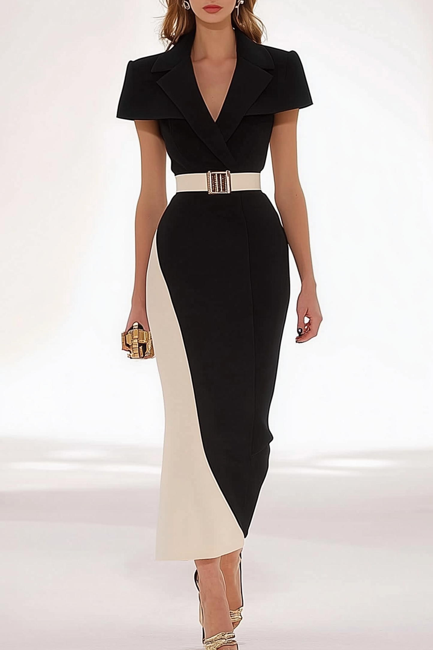 Work Semi-Formal Dress Colorblock Lapel Short Sleeve Belted Maxi Dress