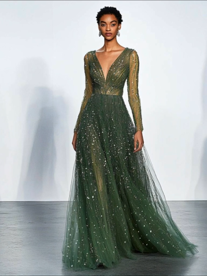 Party Evening Mesh Dress Sequin Deep V-neck Hand-Drilled Long Dress