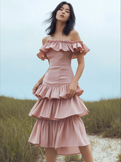Party Dress Pink Off Shoulder Tiered Midi Dress