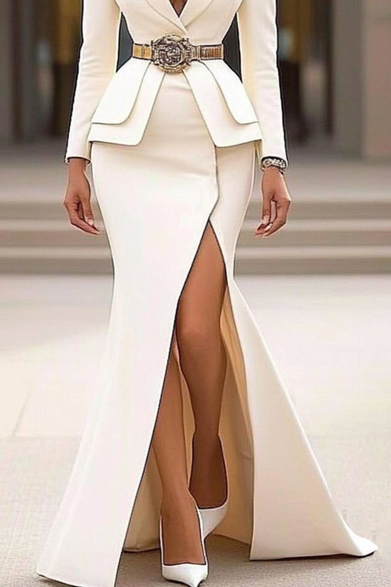 Elegant Blazer Dress Long White Side Slit Cut Out Dress
