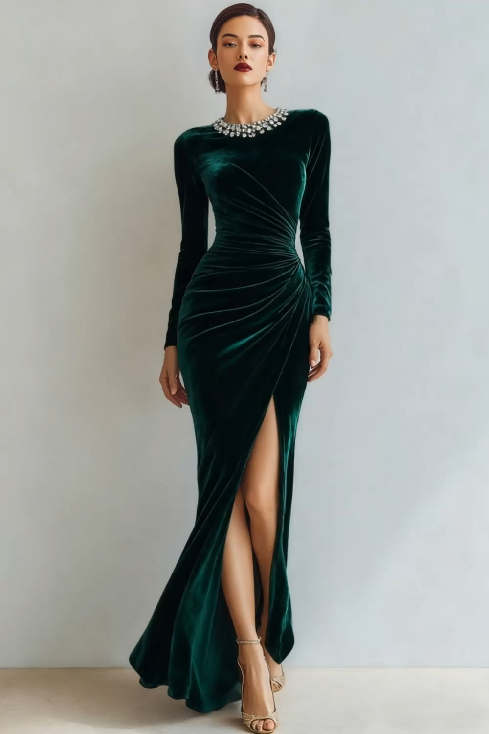 Dark Green Formal Dress Crew Neck Velvet Maxi Dress with Slit 