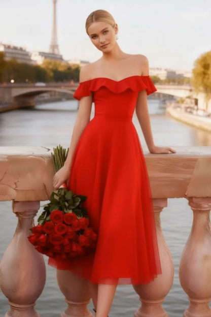 Red Evening Formal Dress A-Line Off the Shoulder Tulle Midi Dress 