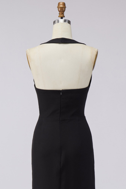 Evening Formal Dress Black White Halter V-Neck Slit Maxi Gown