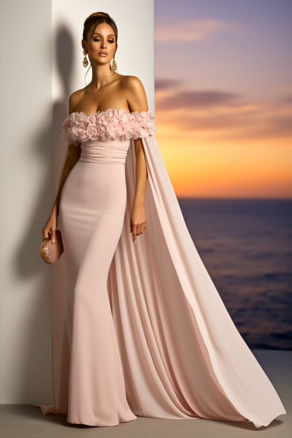 Formal Dress Pink Off Shoulder 3D Floral Cape Maxi Dress
