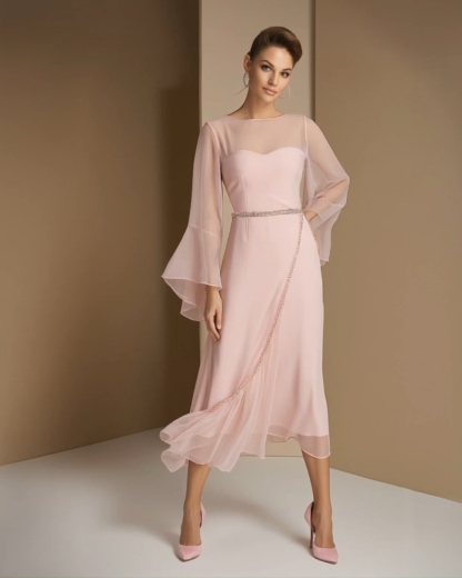 Semi-Formal Party Chiffon Dress Pink Round Neck Midi Dress