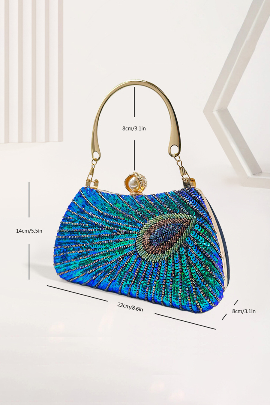 Blue Green Peacock Feather Pattern Beaded Evening Bag