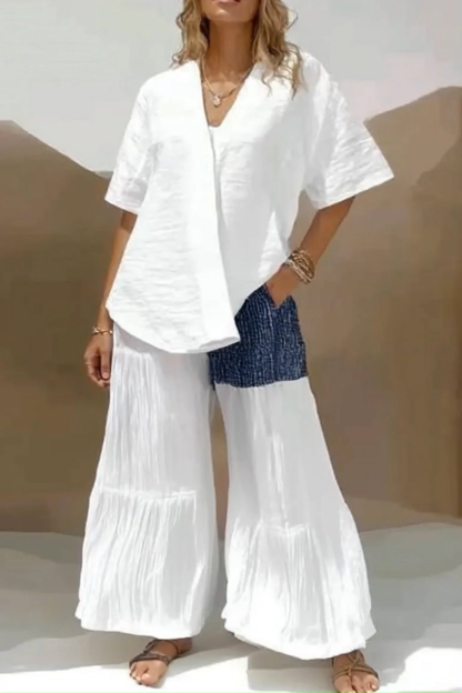 Casual Daily Linen Set White V-Neck Loose Top Colorblock Wide-Leg Pants Set