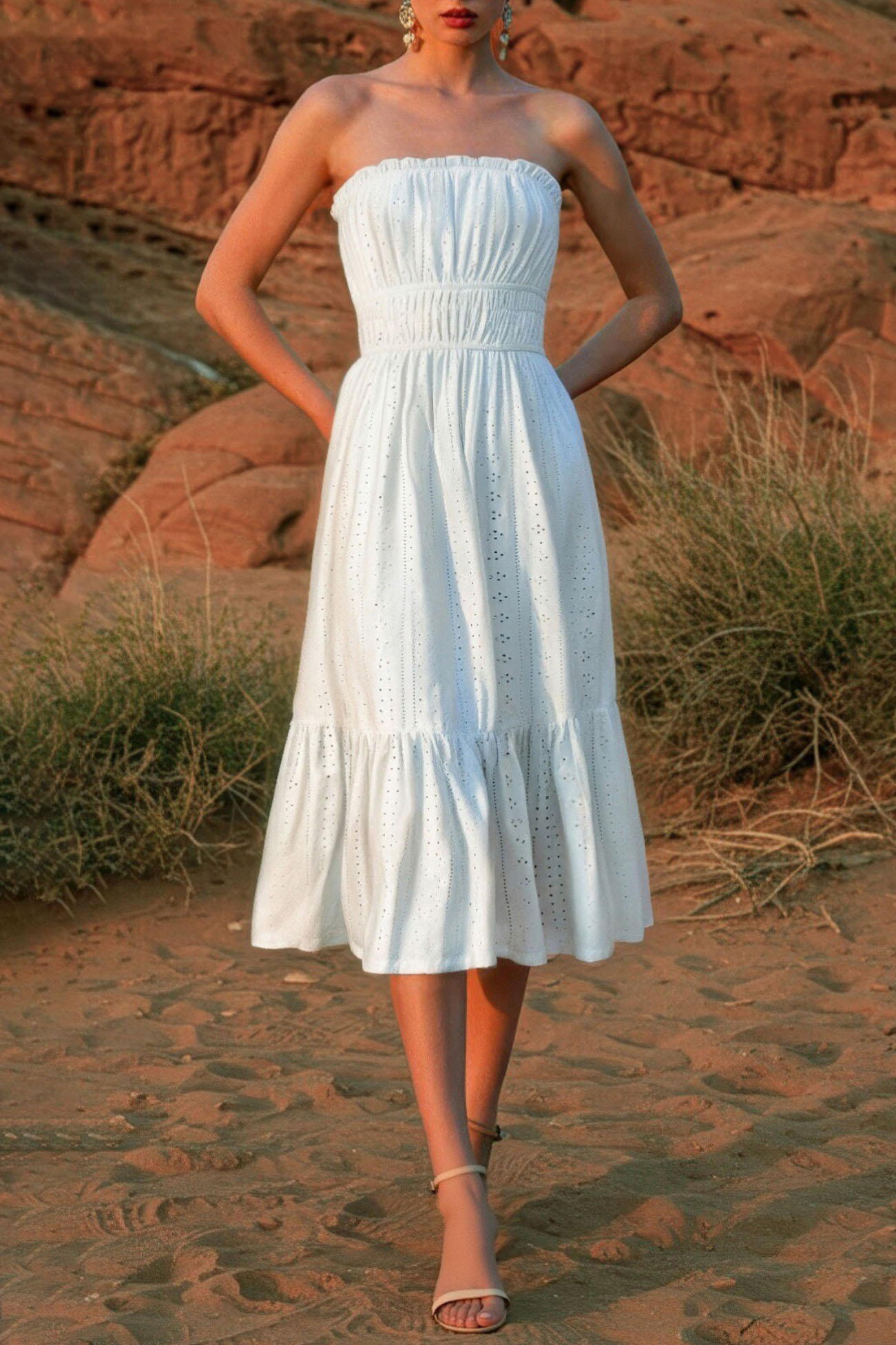 Bohemian Holiday Dress White Sleeveless Midi Dress