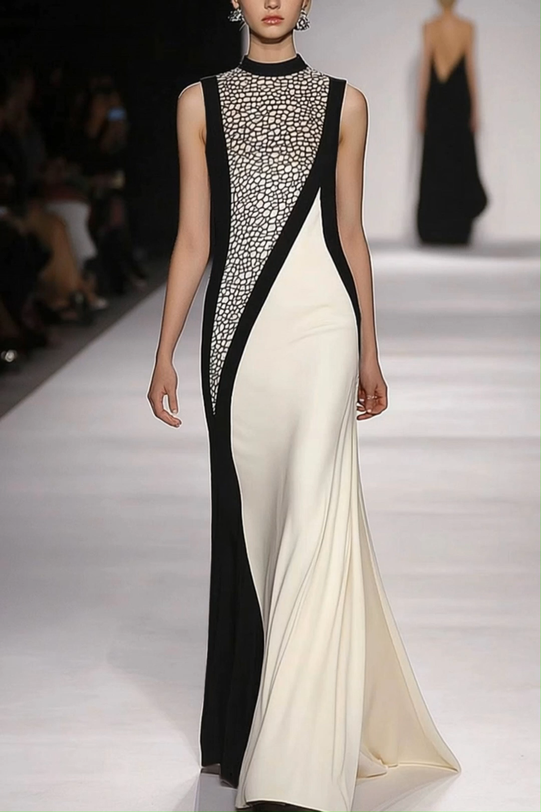 Party Evening Color-block Design Low-Mid Neck Sleeveless Maxi Dress