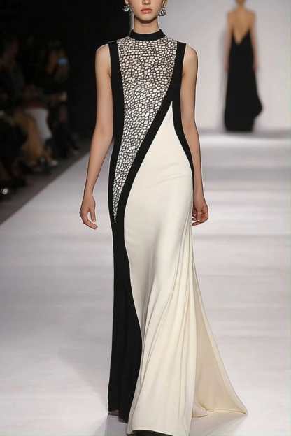 Party Evening Color-block Design Low-Mid Neck Sleeveless Maxi Dress