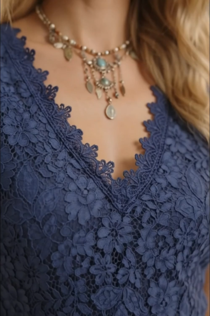 Boho Lace Dress Blue V Neck Sleeveless Belted High Slit Maxi Dress