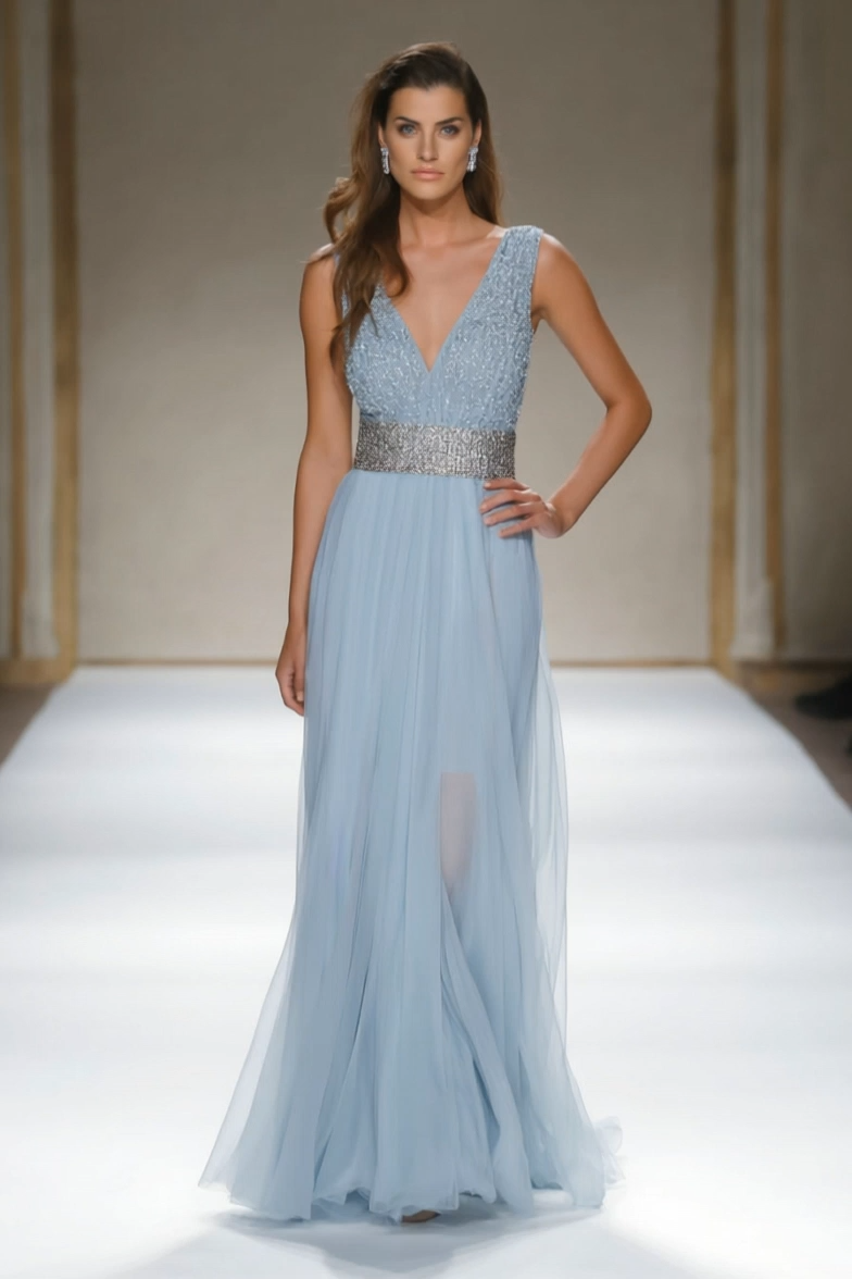 Evening Formal Dress Light Blue V Neck Sleeveless Floor-Length Gown