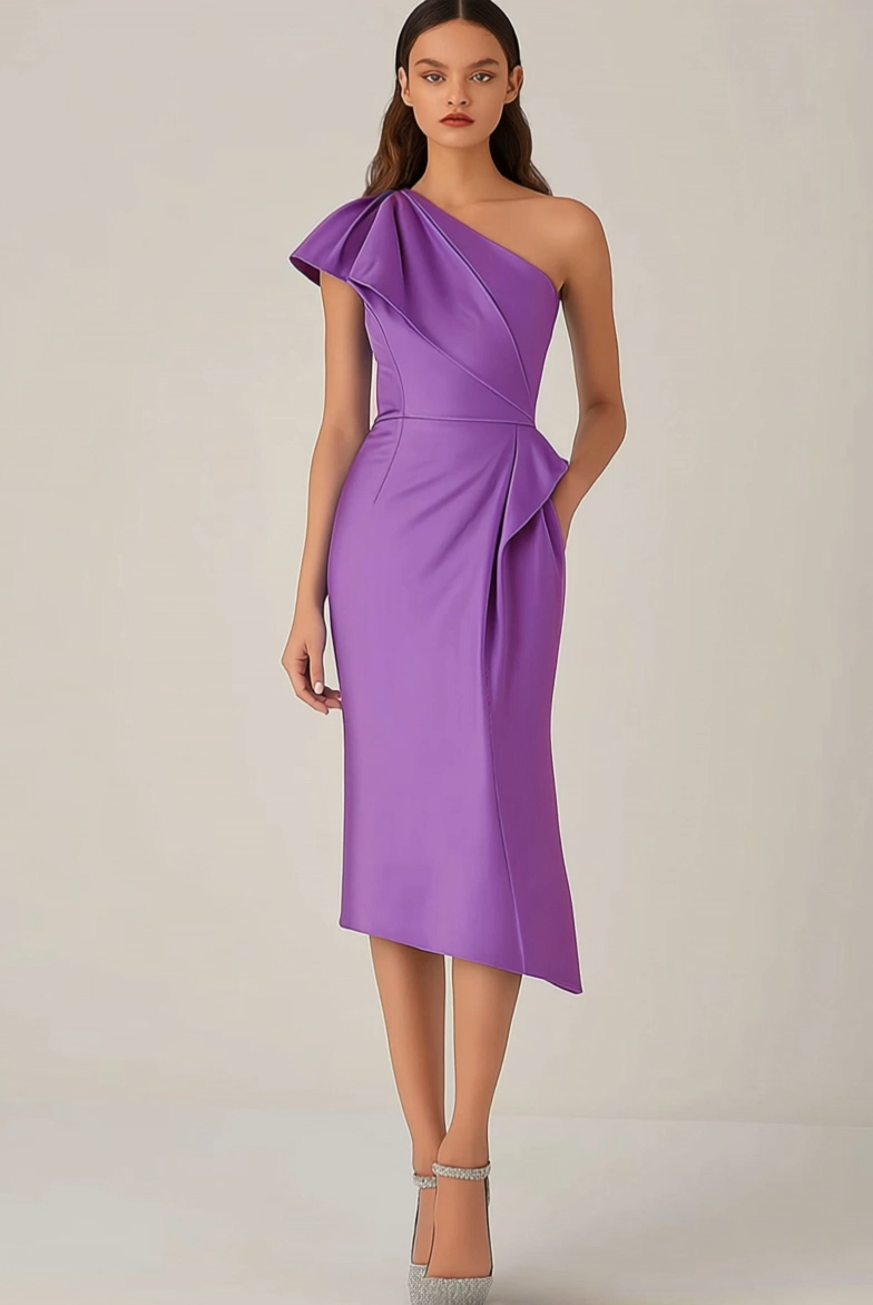 Cocktail Party Dress Purple One-Shoulder Pocketed Midi Dress