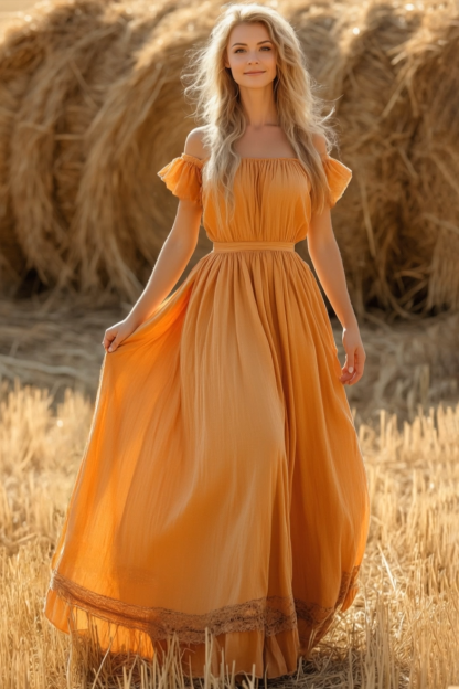 Bohemian Swing Dress Orange Off Shoulder Short Sleeve Maxi Dress