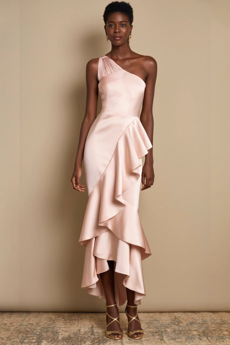 Party Dress Light Pink Satin One Shoulder Ruffle Midi Dress