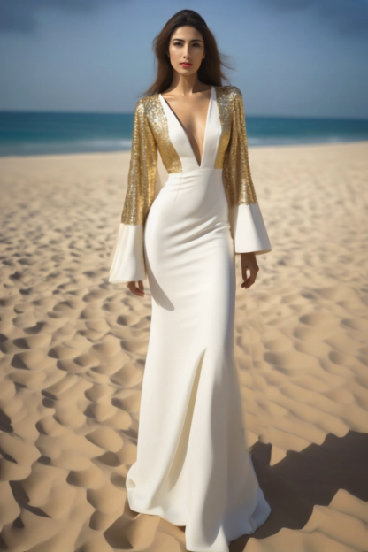Evening Formal Dress​​ Golden Deep V Sequin Floor-Length Dress