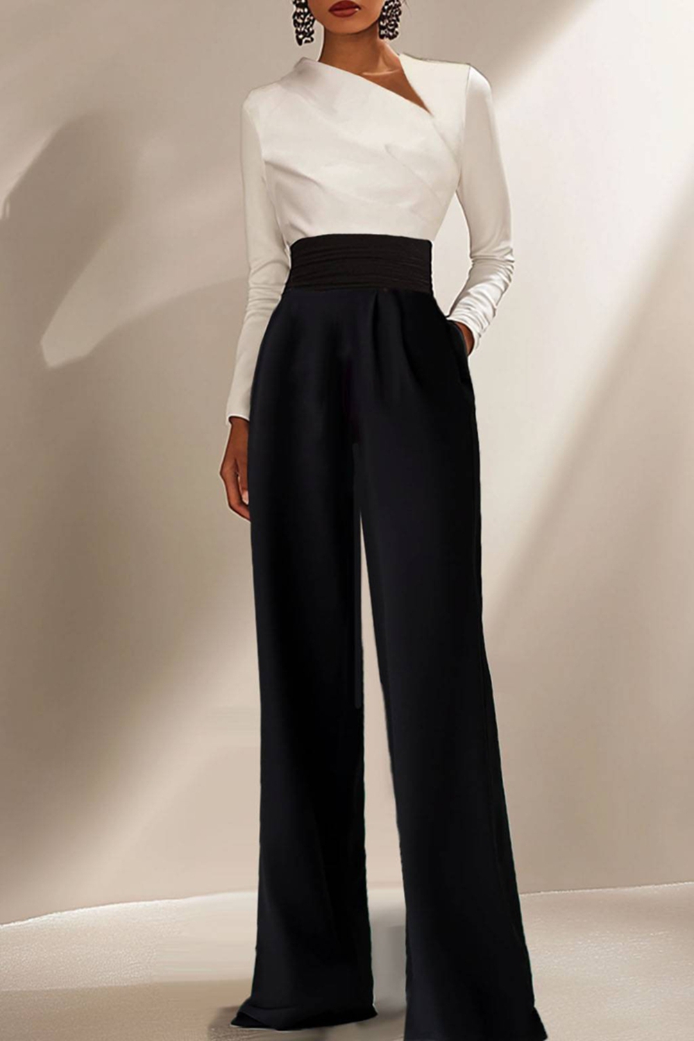 Formal Evening Jumpsuit Black White Asymmetrical Neck with Pochets –  chiclody