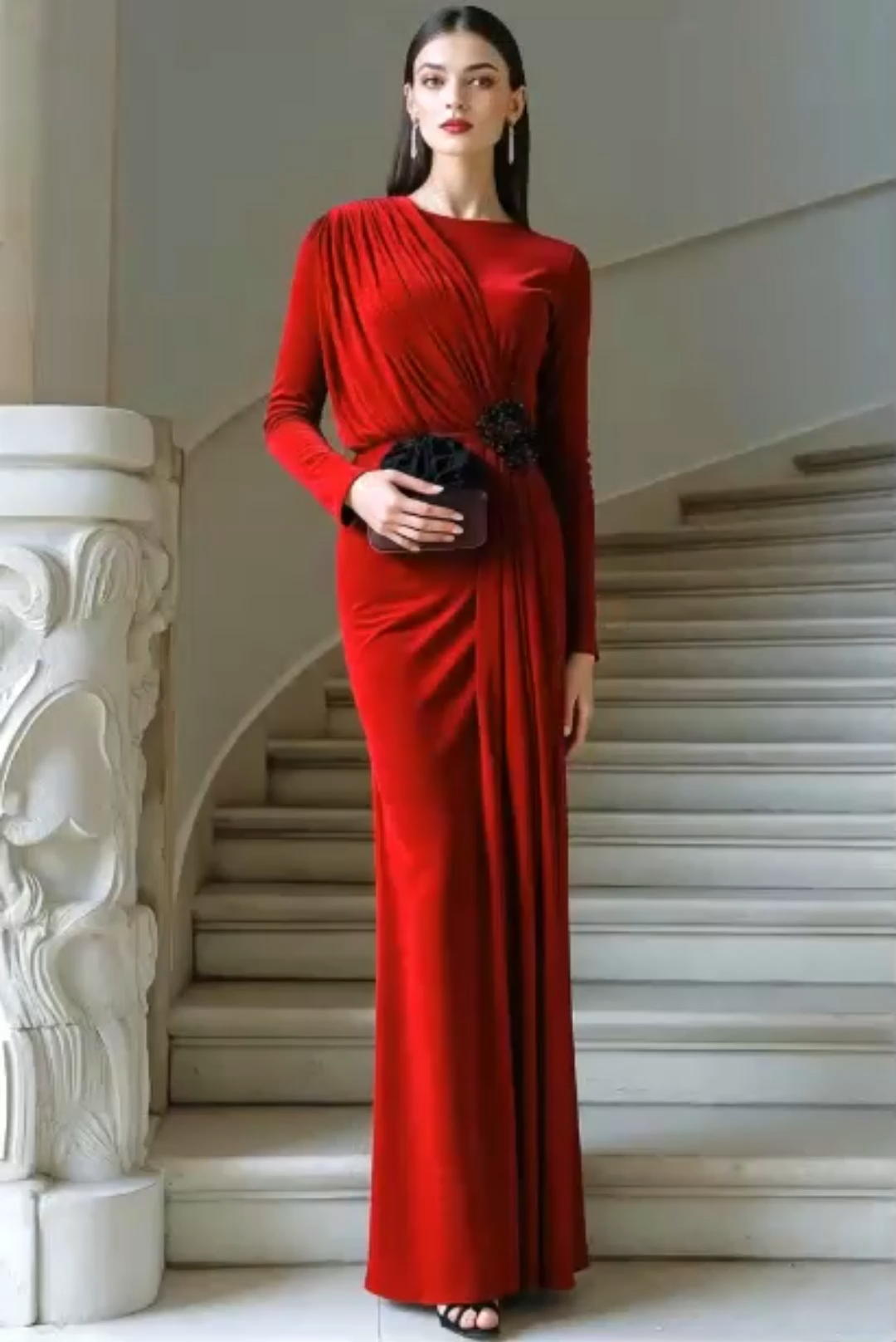 Formal Dress Red Crew Neck Long Sleeve Chiffon Maxi Dress 