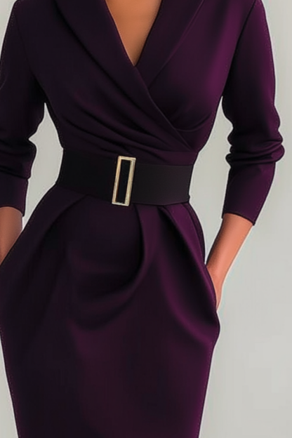 Work Dress Dark Purple Lapel Belted Long Sleeve Midi Dress
