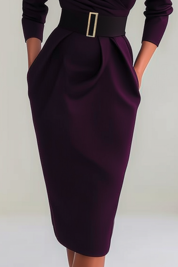 Work Dress Dark Purple Lapel Belted Long Sleeve Midi Dress