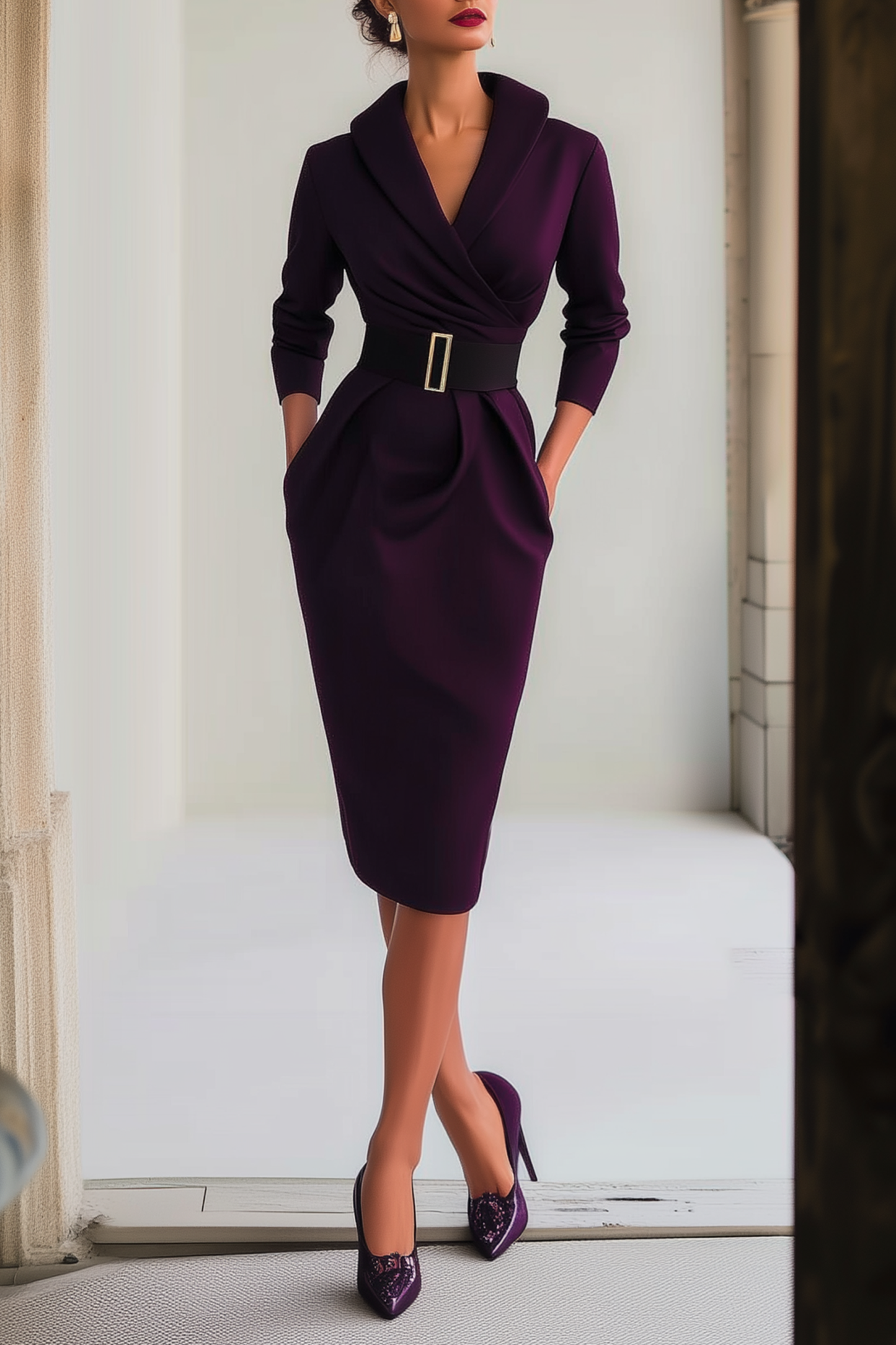 Work Dress Dark Purple Lapel Belted Long Sleeve Midi Dress