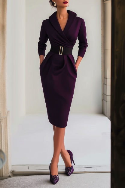 Work Dress Dark Purple Lapel Belted Long Sleeve Midi Dress