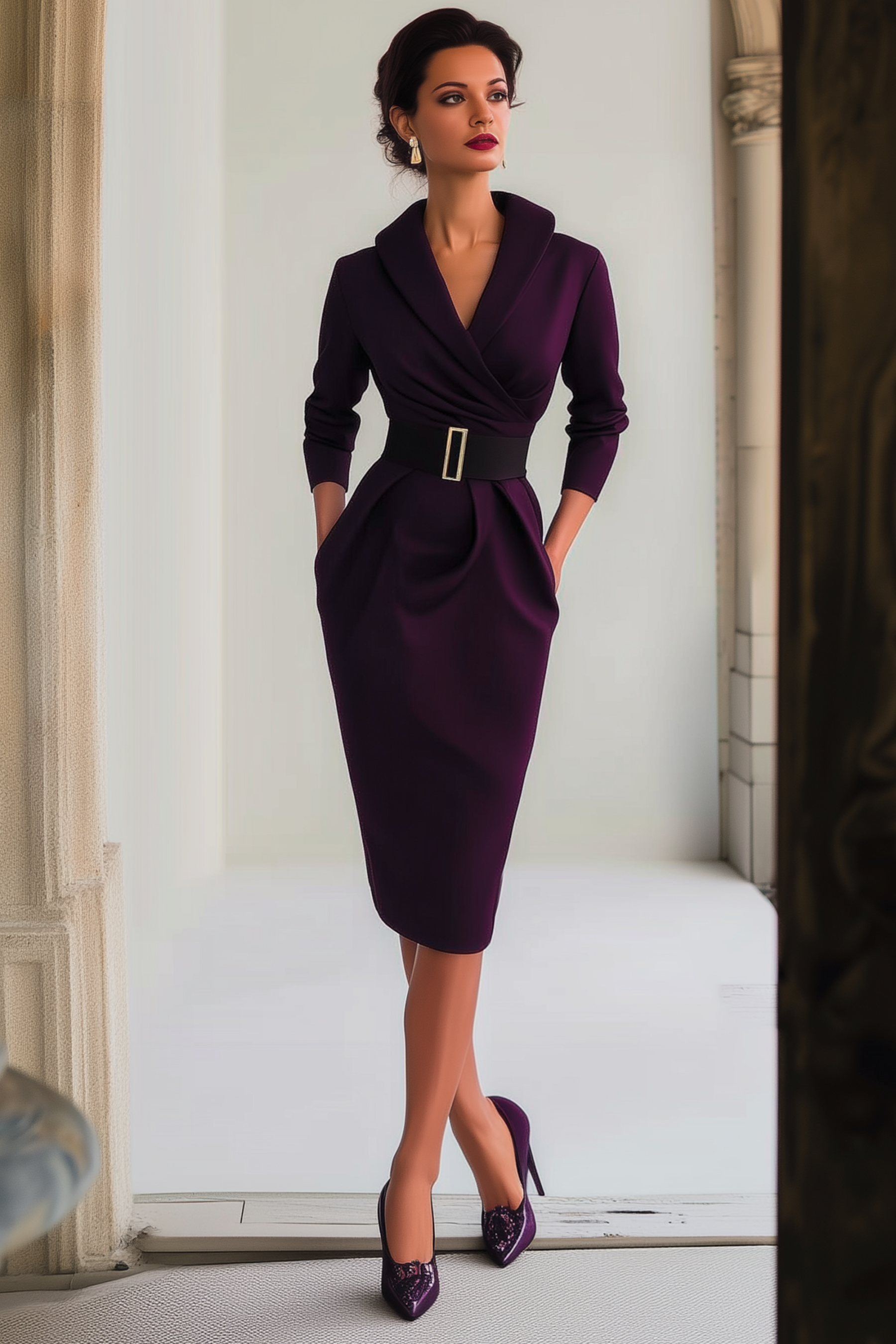 Work Dress Dark Purple Lapel Belted Long Sleeve Midi Dress