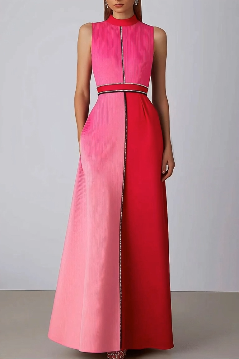 Elegant Pink Evening Formal A-Line Gown Ombre Crepe Black Trim Dress